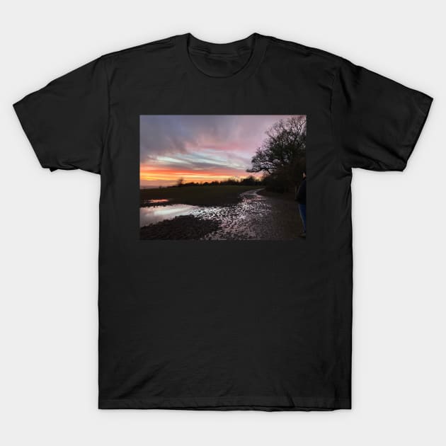 Sunset Mirror Reflections On Reigate Hill and the North Downs T-Shirt by Bucklandcrafts